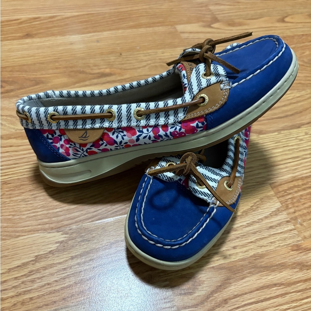 Sperry Blue and Brown Flats with Patterned Trim